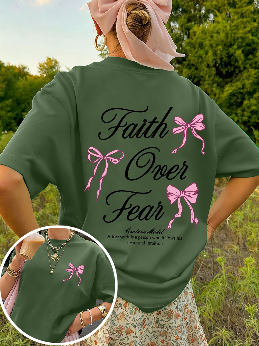2026 Fashion New Women'S Round Neck Cute Bow Art Letter Print Trendy Summer Cool Short Sleeve Summer Casual T-Shirt Double-Sided Print - Military Green