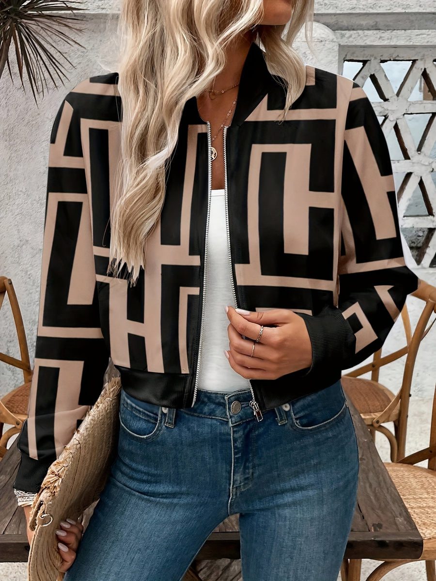 Women's Elegant Geometric Print Baseball Collar Jacket - Soft Warm Casual Outerwear for Fall Winter, Chic Versatile Style, Ladies Jackets for Winter, Seasonal Fashion, Modern Fashion, Quality Stitching, Fashionable Coat, Autumn Wardrobe - Khaki
