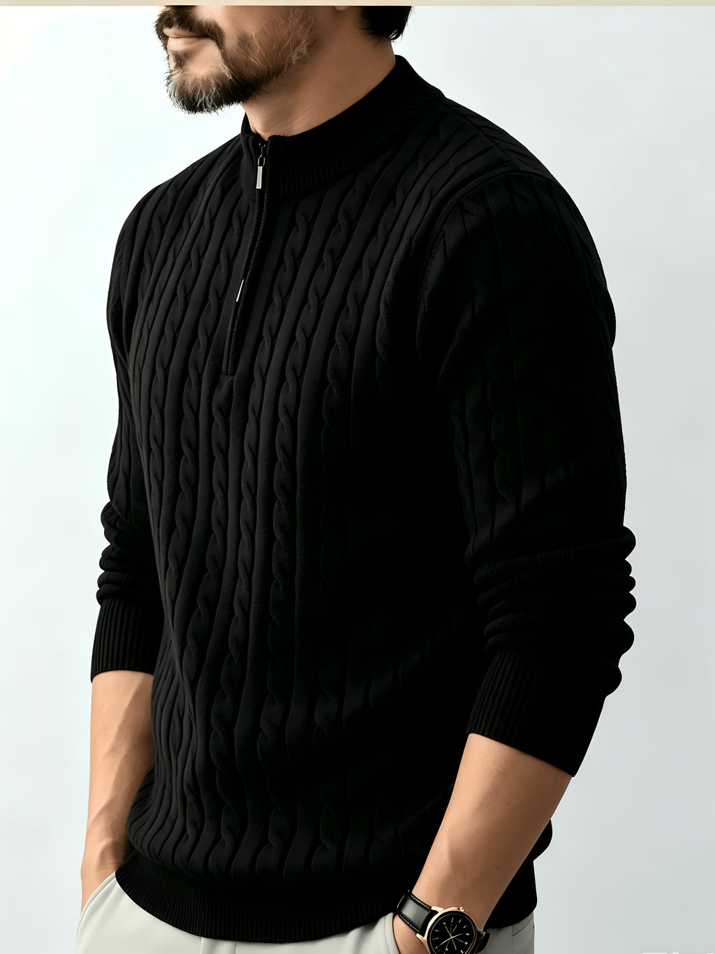 Men's Relaxed-fit Spring and Autumn Style with a Chic Half-zipper Design for a Casual, Laid-back Look. The Exquisite Cable-knit Texture Adds a Vintage Touch, While the Solid Color Offers a Calm and Sophisticated Vibe, Perfect for Creating a Casual - Black