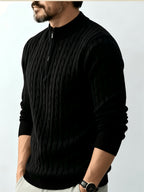 Men's Relaxed-fit Spring and Autumn Style with a Chic Half-zipper Design for a Casual, Laid-back Look. The Exquisite Cable-knit Texture Adds a Vintage Touch, While the Solid Color Offers a Calm and Sophisticated Vibe, Perfect for Creating a Casual - Black