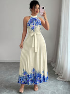 Fashionable New Women'S Summer Halter Floral Print Pleated Dress - Blue floral