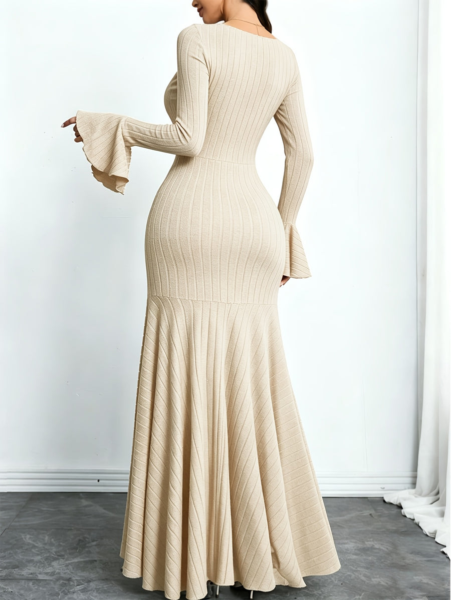 Fashionable Light Luxury Style Square Neck Flared Sleeve Slim-fit Ribbed Irregular Full-skirt Dress - Apricot
