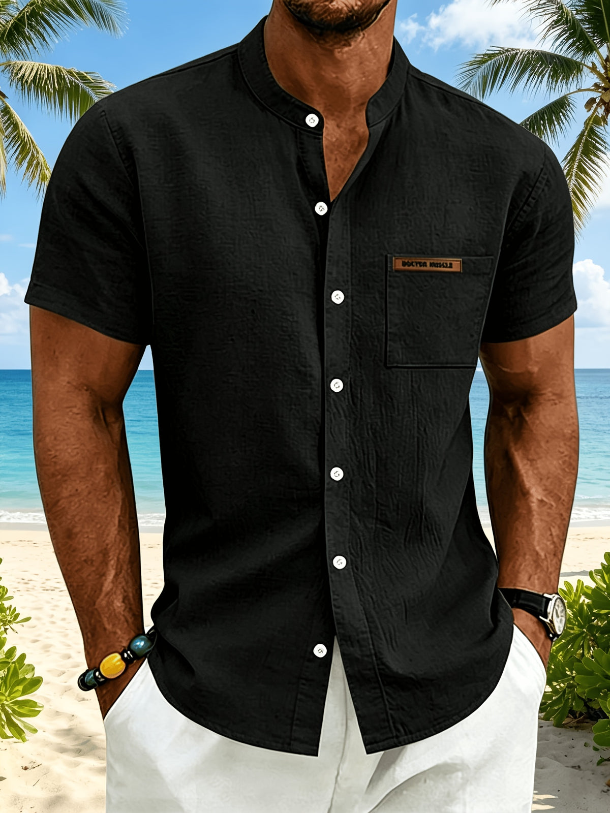 Men's Minimalist Vacation Style Stand Collar Linen Short Sleeve Shirt, 95% Linen 5% Polyester, Breathable with Label Pocket, Fashionable Beachside Pool Casual Shirt - Black