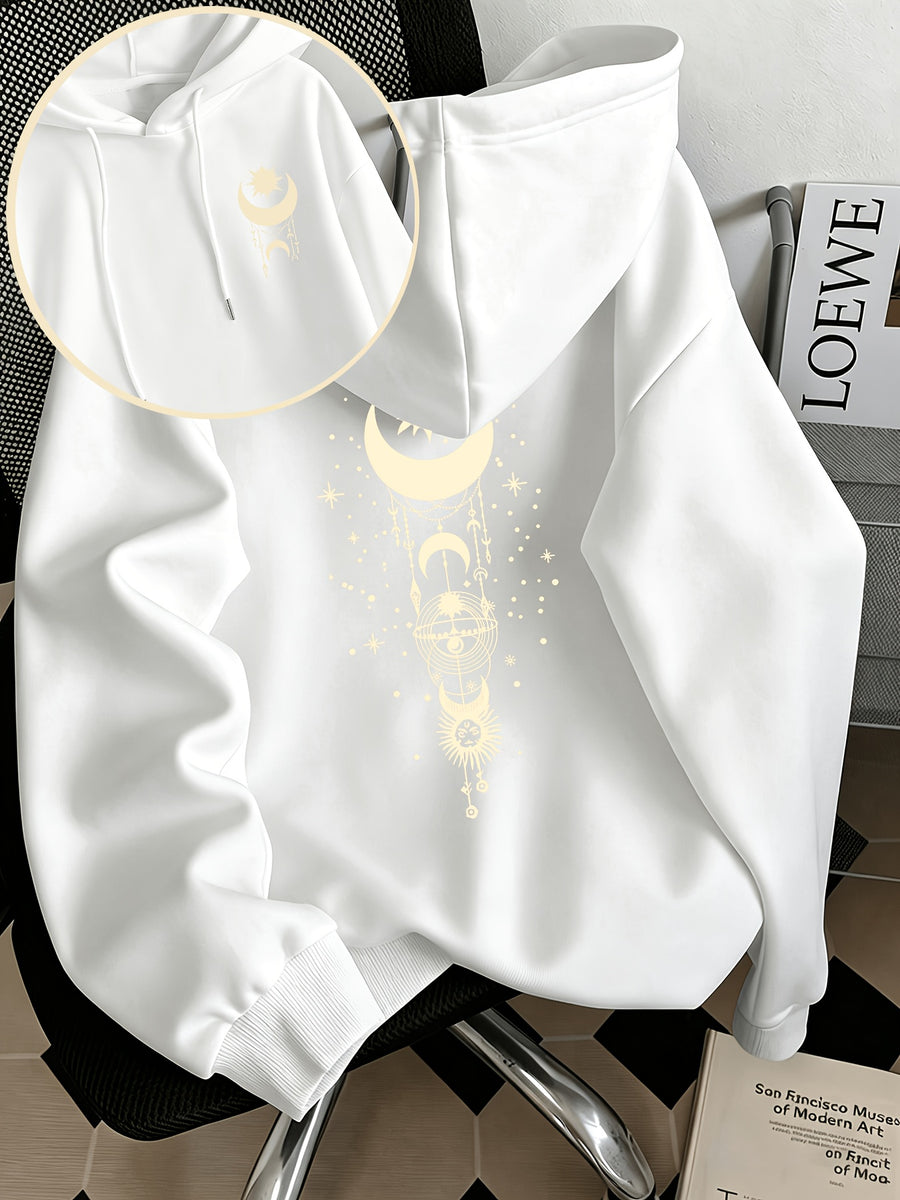 Women'S Fashion Starry Moon Print Casual Hooded Sweatshirt - White