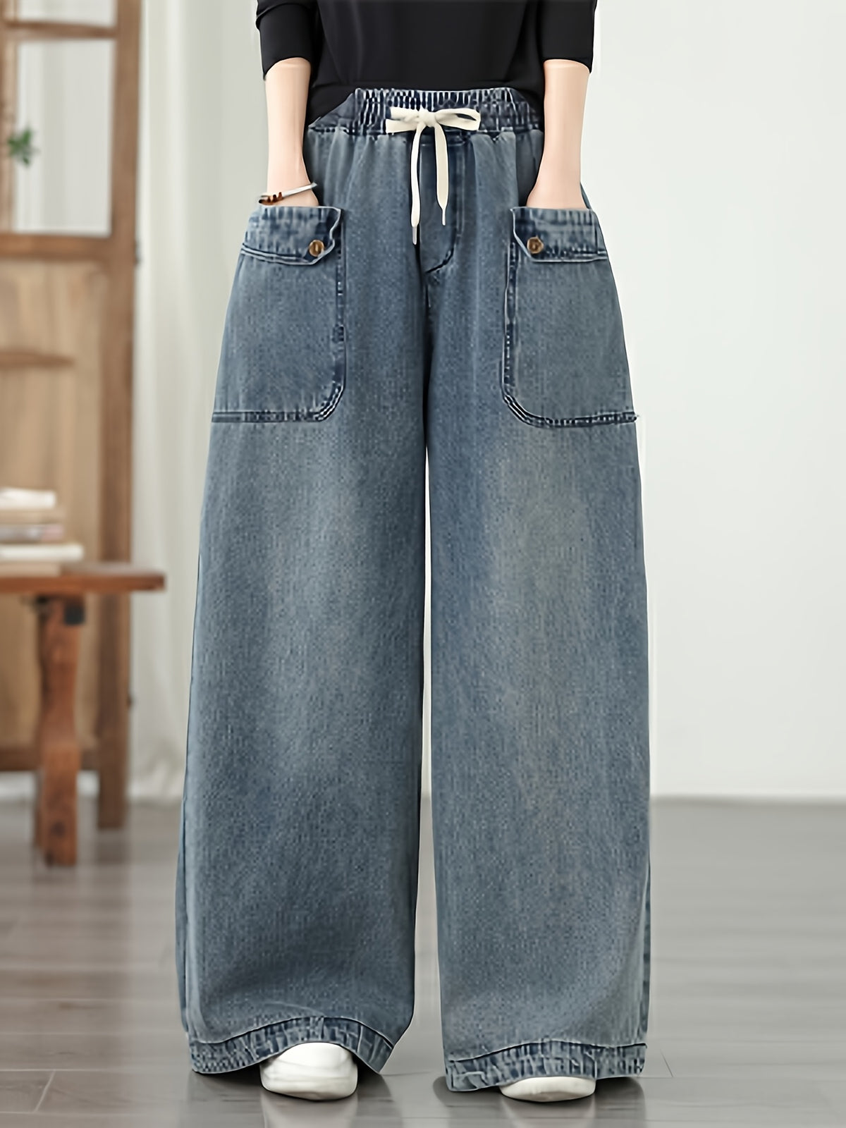 2026 New Women's Loose Fit Casual Solid Color Elastic Waist Wide-Leg Jeans - Blue