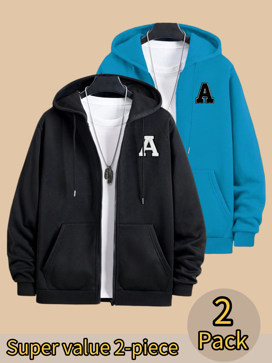 50% Cotton, 50% Polyester, 2-Pack Men's Zippered Hooded Fleece-Lined Sweatshirt, Men's Clothing, Long-Sleeve Fleece Jacket, Zippered Top, Hooded Sweatshirt, Pockets, Drawstring, Suitable for Outings, Casual Wear, Back-to-School Season - Black+Cyan