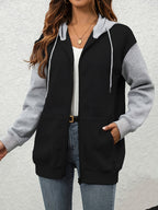 European and American Women's Contrast Color Zip-Up Hooded Sweatshirt, Women's Autumn/Winter -Lined Thickened Kangaroo Pocket Fashion Cardigan, Long Sleeve Casual Swear Top, Trendy - Mixed colors