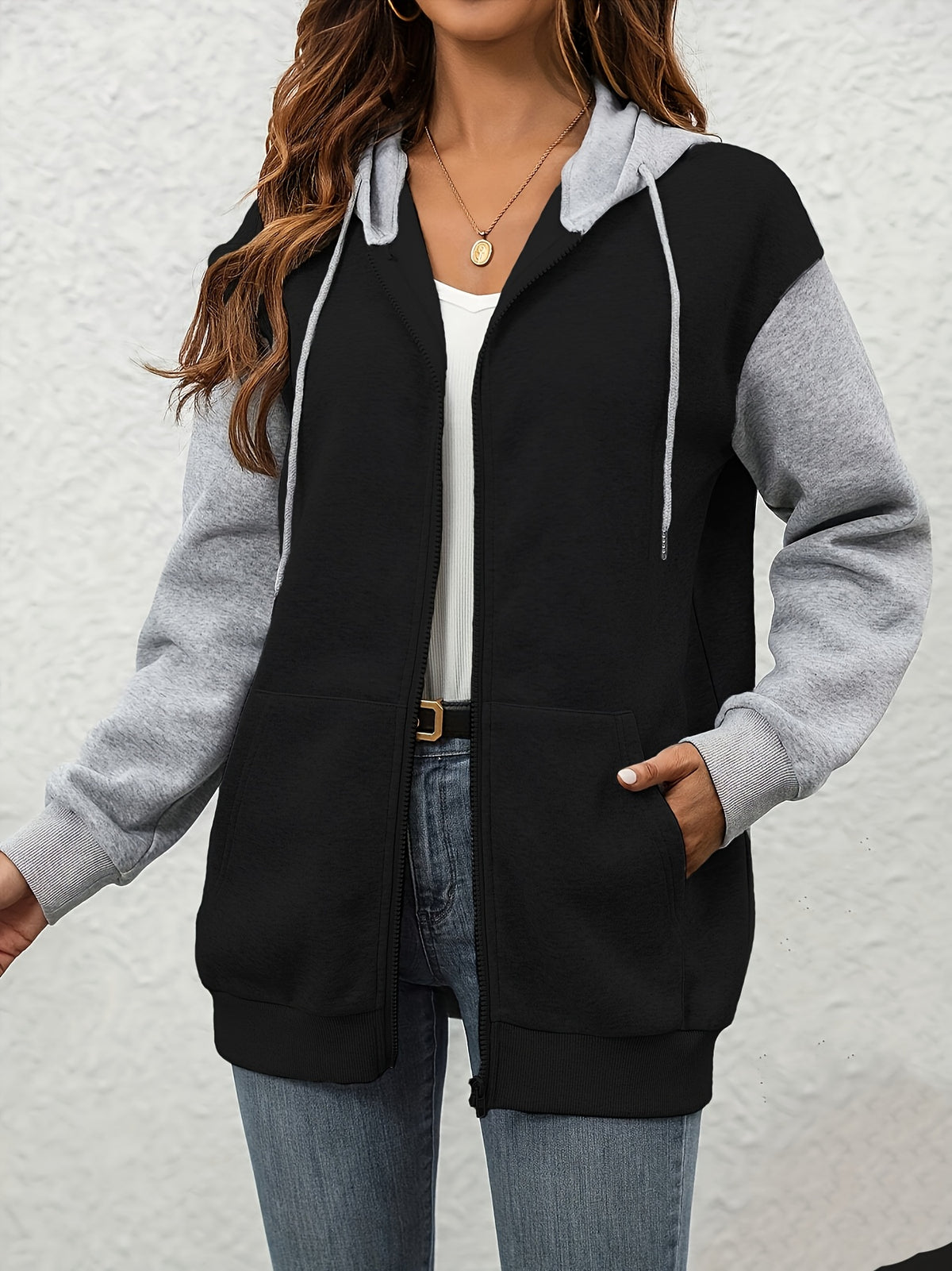 European and American Women's Contrast Color Zip-Up Hooded Sweatshirt, Women's Autumn/Winter -Lined Thickened Kangaroo Pocket Fashion Cardigan, Long Sleeve Casual Swear Top, Trendy - Mixed colors