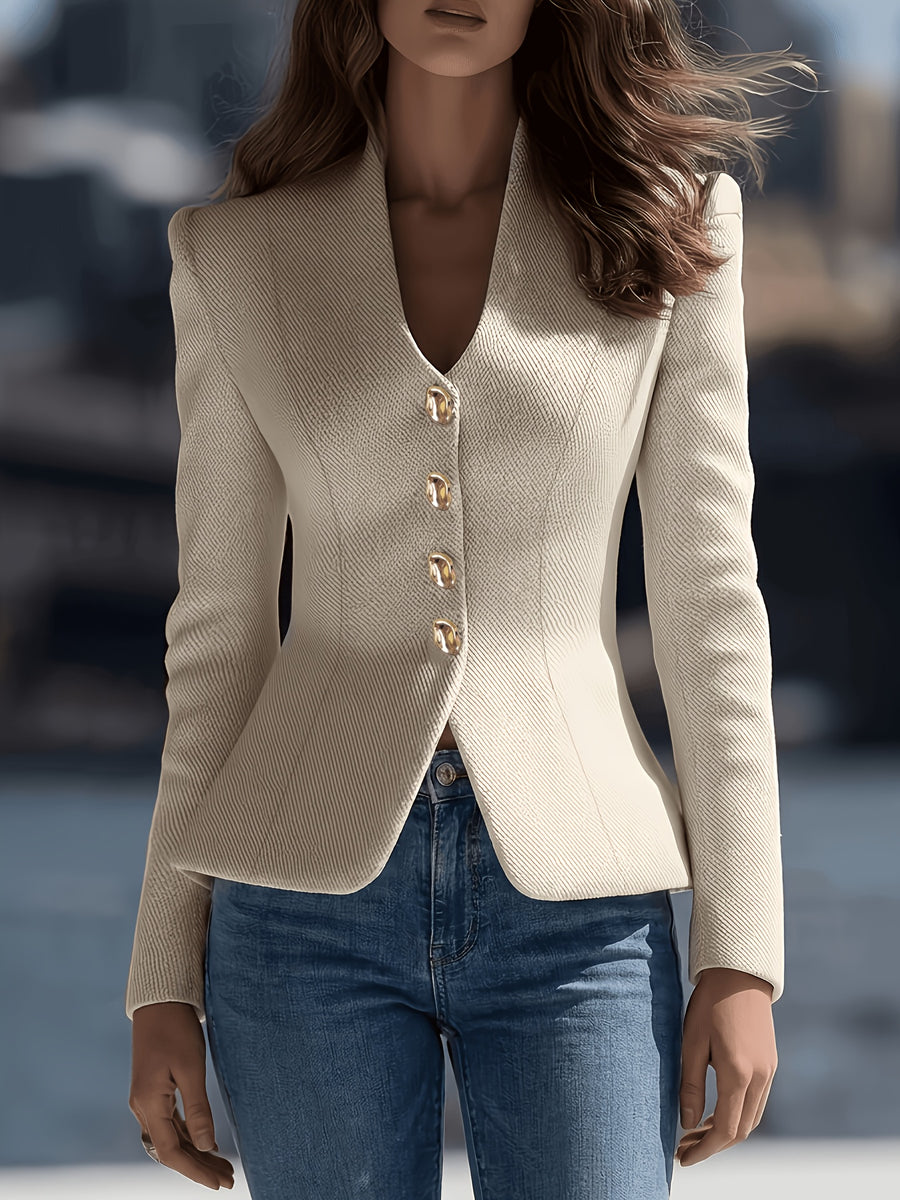 Elegant Women's Blazer — V-Neck Long Sleeve Single-Breasted Golden Button Professional Women's Commuter Suit Top, Slim Fit Autumn/Winter Outerwear - Apricot