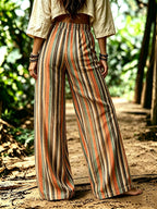 Bohemian Style Color-Block Striped Wide-Leg Pants, High-Waist Flowy Loose Beach Vacation Casual Trousers - Mixed colors