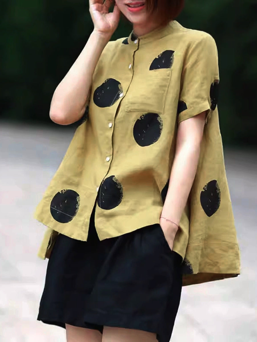 Women'S Vintage Polka Dot Print Shirt - Short Sleeve, Stand Collar, Button-Up Top with Asymmetrical Hem, Black & Orange, Casual Summer Blouse for Adults, Casual Summer Wear | Vintage Style Shirt | Nonstretch Fabric - Yellowish-brown