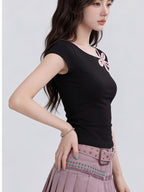 Sweet Cool Hot Floral Hollow Out Contrast Off-Shoulder Short Sleeve T-Shirt Women'S Summer Short Top - Black