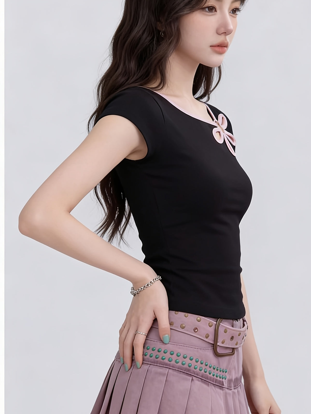 Sweet Cool Hot Floral Hollow Out Contrast Off-Shoulder Short Sleeve T-Shirt Women'S Summer Short Top - Black