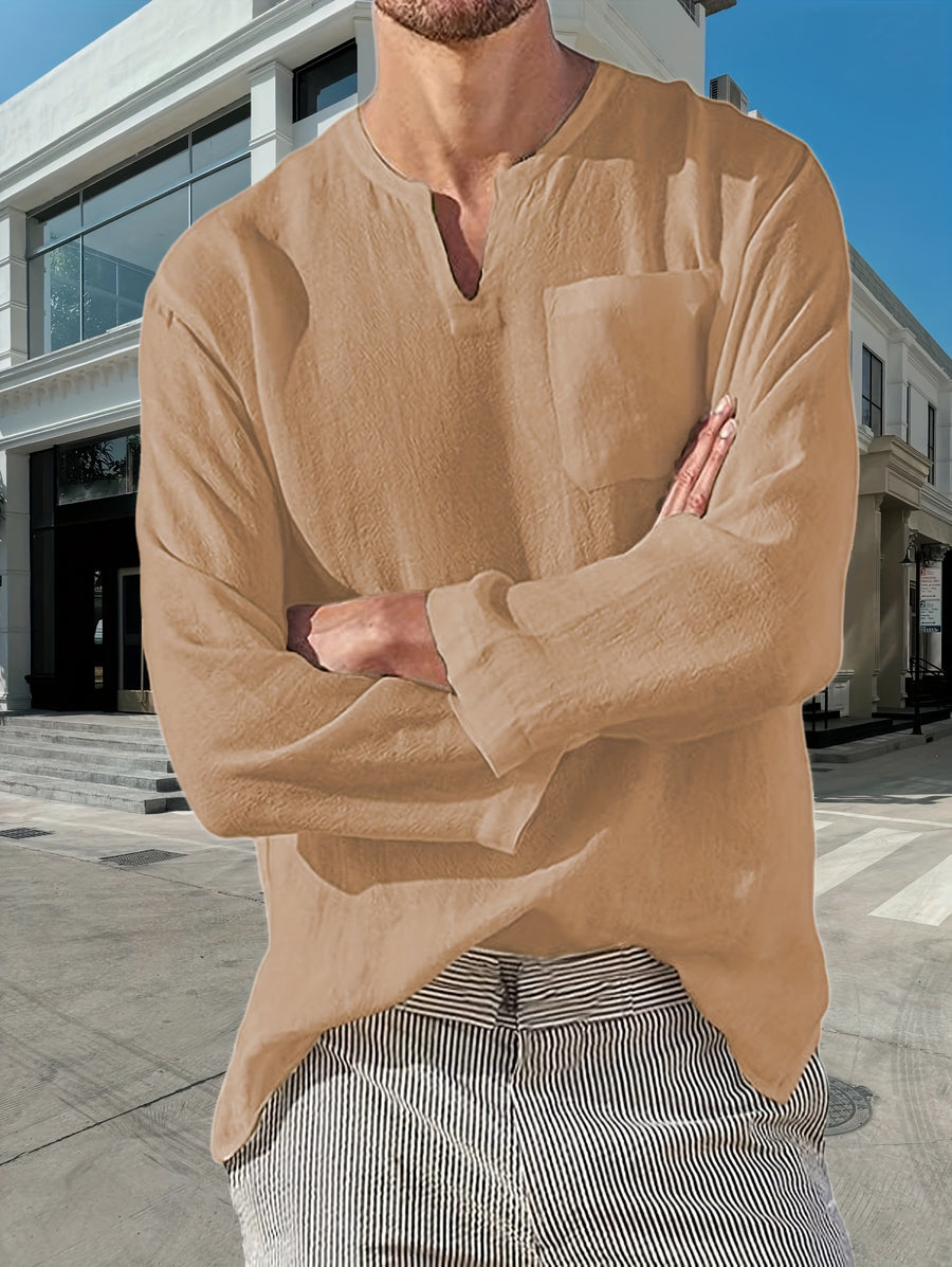 long-sleeved shirt Men's solid color V-neck casual shirt Men's gentle beach Hawaiian pullover breathable comfortable shirt - Yellowish-brown