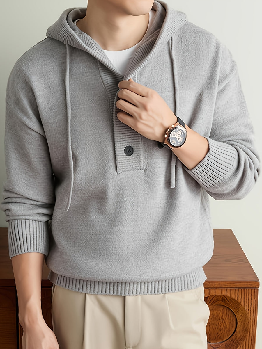Men's Hooded Henley Neck Knit Sweater, 340GSM, 56.4% Polyester, 25.4% Nylon, 18.2% Acrylic, Half-Zip Drawstring Hooded Pullover, Anti-Pilling Warm Business Casual Long-Sleeve Knitwear - Light Grey