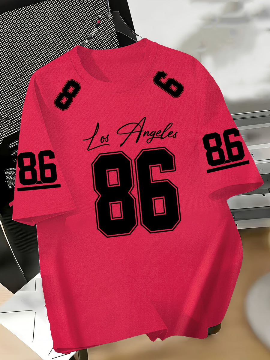 Women's Los Angeles No.86 American Football Jersey T-Shirt - Short Sleeve Crew Neck Pullover with Number 86 Print, Casual Swear Suitable for Football Fans, Machine Washable Apparel - Red