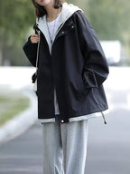 New Women's Casual 2-in-1 Look Workwear Trench Coat, Loose American-Style Hooded Jacket Outerwear Top - Black