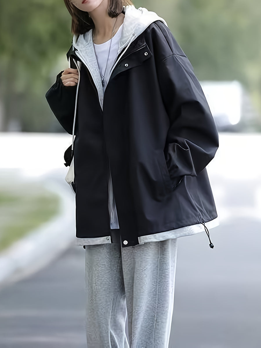 New Women's Casual 2-in-1 Look Workwear Trench Coat, Loose American-Style Hooded Jacket Outerwear Top - Black