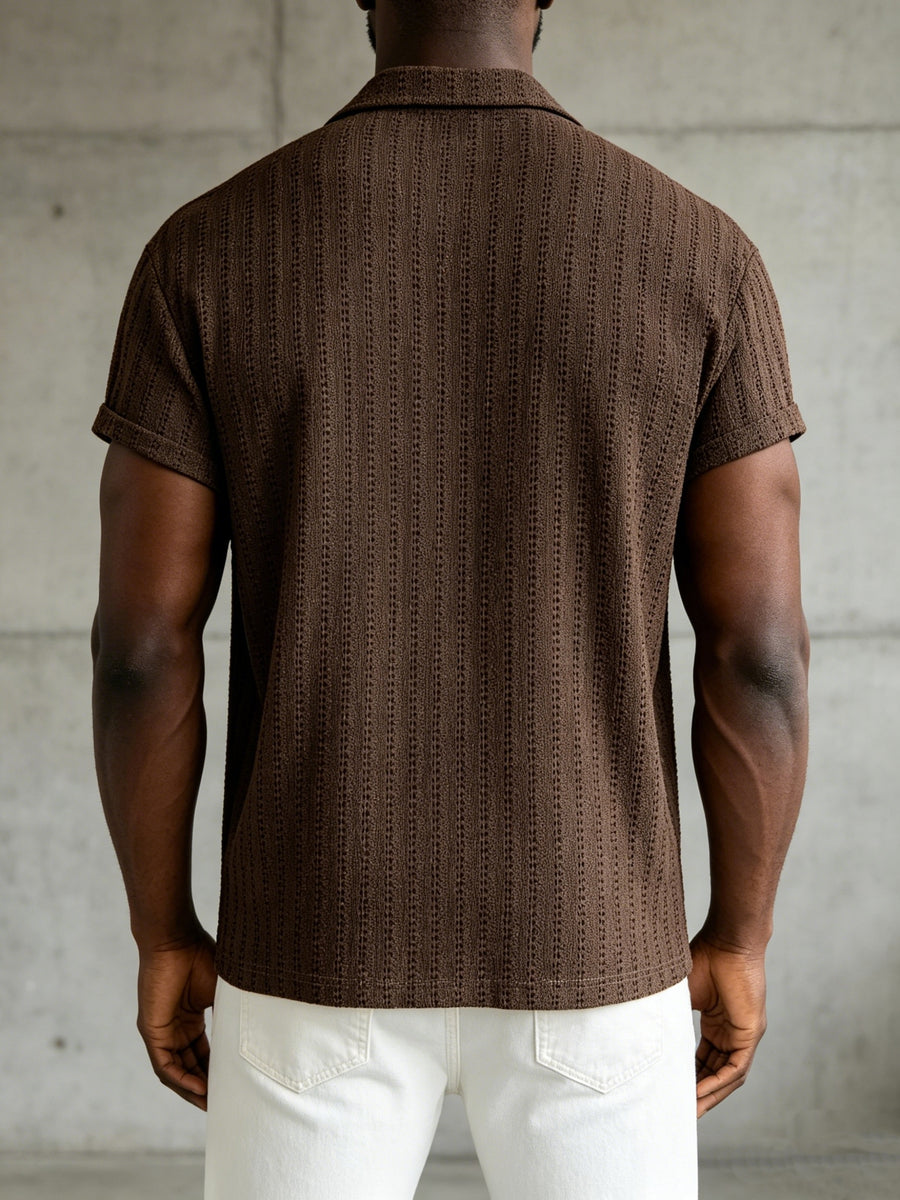 Men'S Crochet Knit Camp Collar Shirt, Short Sleeve Button- for Beach Vacation Casual Daily Wear - Coffee Color
