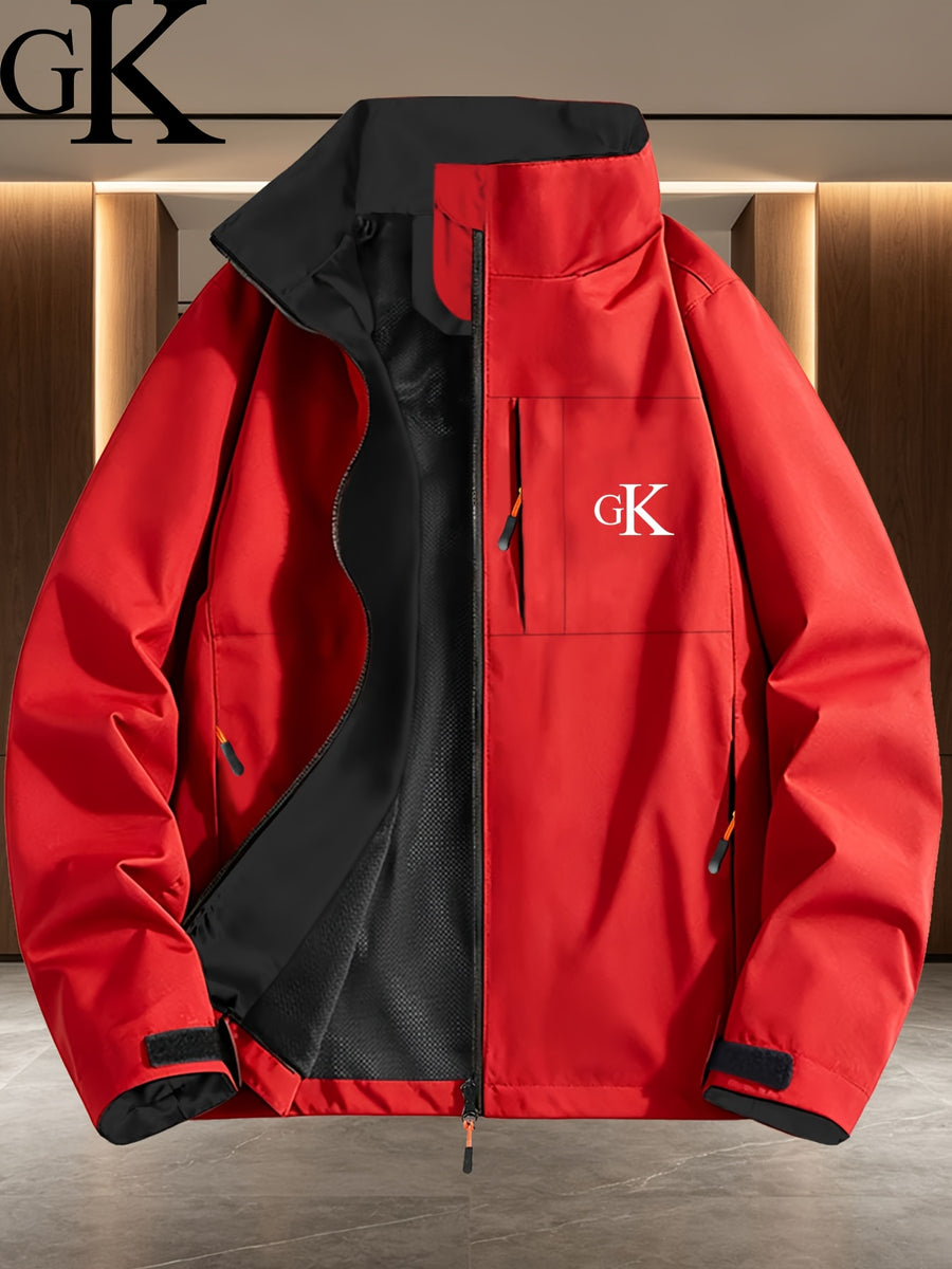 GK Letter Print Navy Blue Lining White Full-Zip Stand Collar Windproof Jacket Men Women Spring Autumn Multi-Pocket Business Casual Outdoor Shell Jacket Winter Clothes for Men - Red