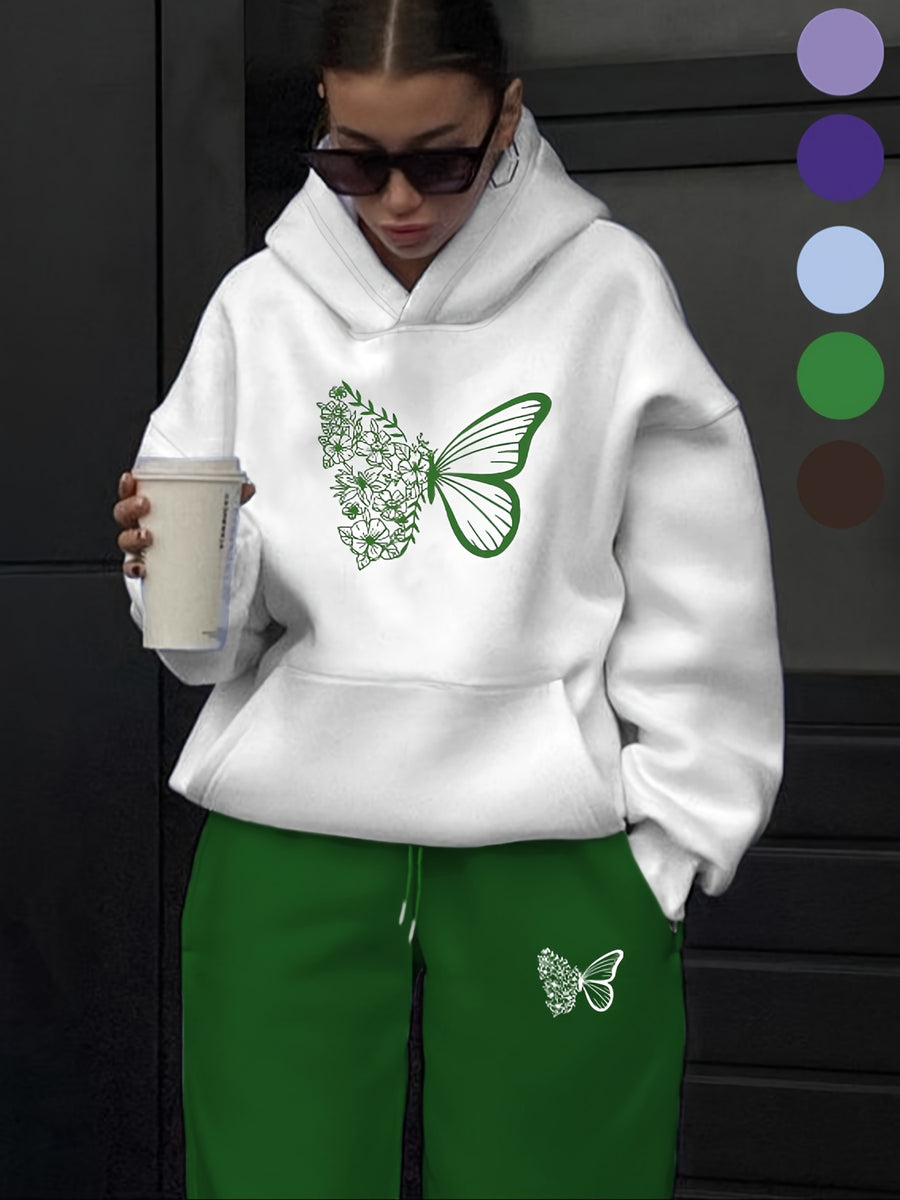 Women's Casual 2pcs Set | Hooded Sweatshirt + Long Pants, European and American Street Style Fashion, Y2K - Letter Print, Versatile for Vacation and Multiple Occasions - White+Green