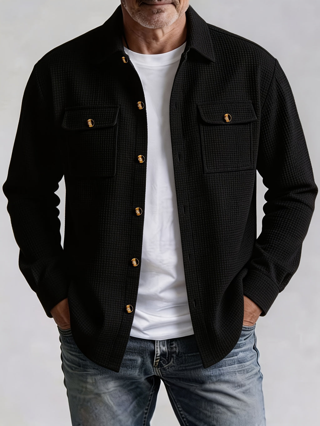 Pearson OBM Men's Casual Sport Jacket, American Vintage Waffle Texture Lapel Work Shirt Jacket, Men's Double Pocket Wood Button Loose Fit Casual Long Sleeve Shirt, Versatile Cardigan Jacket for Spring and Autumn - Black