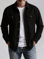 Pearson OBM Men's Casual Sport Jacket, American Vintage Waffle Texture Lapel Work Shirt Jacket, Men's Double Pocket Wood Button Loose Fit Casual Long Sleeve Shirt, Versatile Cardigan Jacket for Spring and Autumn - Black