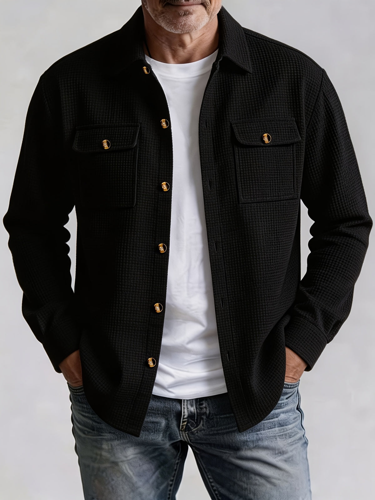 Pearson OBM Men's Casual Sport Jacket, American Vintage Waffle Texture Lapel Work Shirt Jacket, Men's Double Pocket Wood Button Loose Fit Casual Long Sleeve Shirt, Versatile Cardigan Jacket for Spring and Autumn - Black