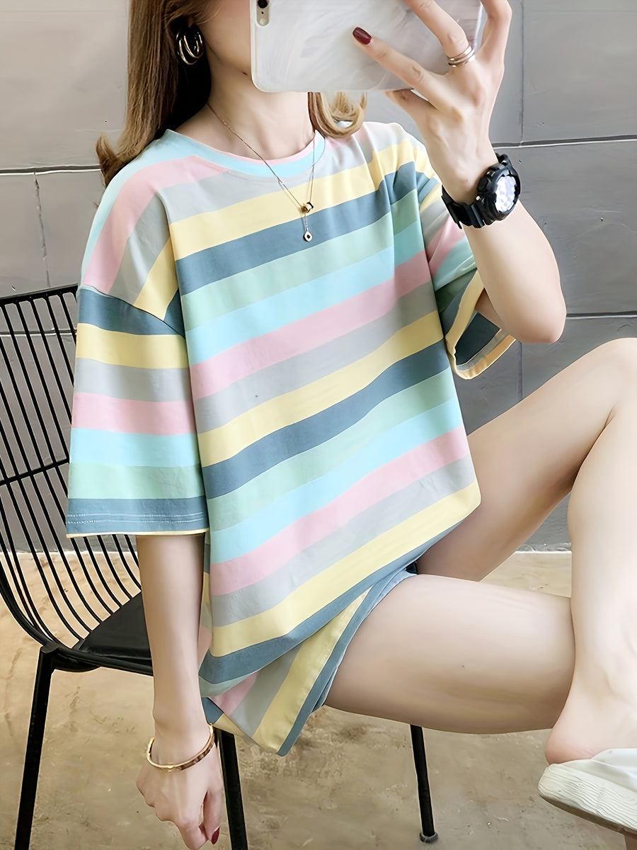 Women's Plus Size Loose Fit Cartoon Print T-Shirt - Pastel Color Block Short Sleeve Round Neck Top, Breathable Medium Stretch Fabric, Long Length Casual Summer Spring Fall Machine Washable, Ladies T Shirts, Trendy Streetwear, Relaxed Fit Tee - Sky Blue
