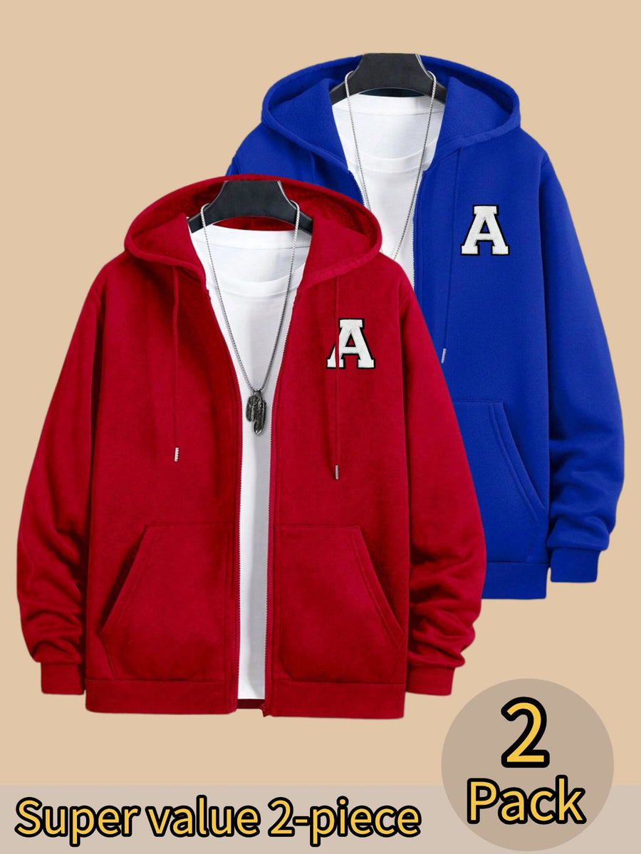 50%, 50%, 2pcs Men'S Patchwork Warm Fleece Zip-Up Hooded Sweatshirt, Men'S Clothing, Long Sleeve Fleece Jacket, Zip-Up Top, Hooded Sweatshirt, Pockets, Drawstring, Suitable for Outdoor, Casual, Back-To-School Season, Gift for Boyfriend - Red+Blue