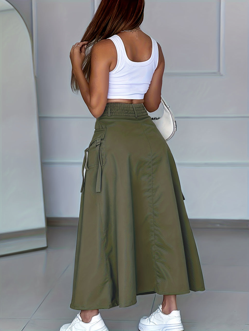 Spring And Autumn Casual Style Cargo Skirt, Button-Detail Slit, Individual And Versatile - Military Green