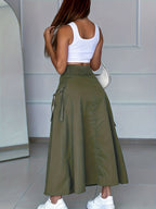 Spring And Autumn Casual Style Cargo Skirt, Button-Detail Slit, Individual And Versatile - Military Green