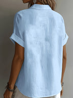 Women'S Elegant Vacation Style Short Sleeve Top, Loose Lazy Shirt, Commute Casual Literary Style, And Covering, Daily Temperament Style, Loose Drape, Breathable And Comfortable - Light Blue