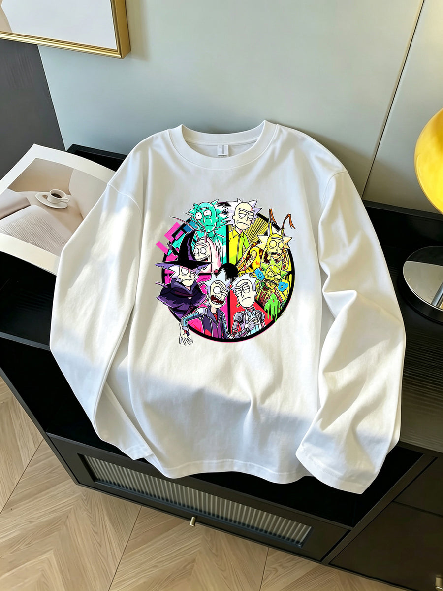 Warner Bros. Official Rick & Morty Graphic Print Men's Breathable Long-Sleeve Sports T-Shirt, 100% Pure Cotton Crew Neck Casual Versatile Base Layer, Suitable for Sports, Workouts, and Daily Outings - White
