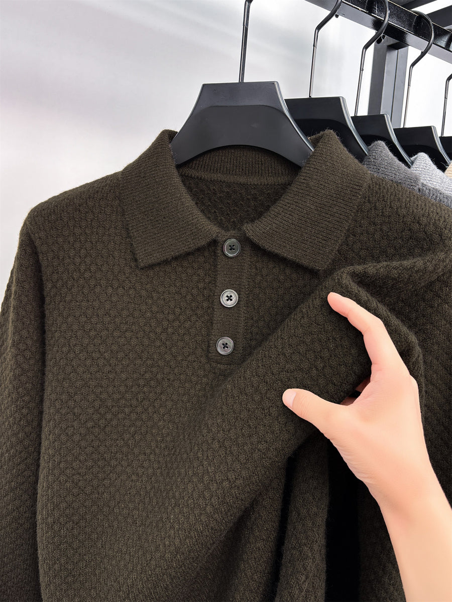 Men's Solid Color Lapel Polo Sweater - Thick Warm Knit Pullover with Lapel Collar, Long Sleeve Winter Sweater Suitable for Fall/Winter, Casual Office Wear, Basic Knitwear for Layering (Hand Washable) - Brown