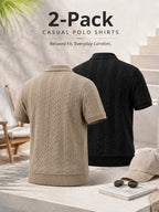 2pcs Men's Summer Jacquard Ribbed Lapel Loose Fit T-Shirt Golf Casual Business Versatile Knit Short Sleeve Polo Shirt - Khaki+Black