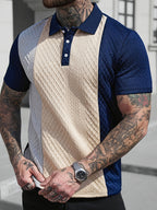 : Men'S Casual New POLO Shirt, Textured Soft Fabric, Patchwork Details, Outdoor Leisure Business Breathable Short-Sleeve Polo Shirt Golf Shirt - Navy Color