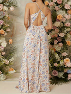 Women's Elegant V-Neck Floral Print Cross Front Long Sleeveless Maxi Dress - Lightweight Breathable Machine Washable All-Season Casual Vacation Beach Dress, Beach Dresses, Summer Fashion, Flowy Fabric - Multicolor