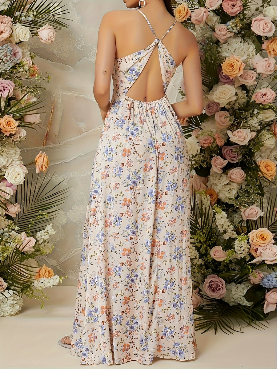 Women's Elegant V-Neck Floral Print Cross Front Long Sleeveless Maxi Dress - Lightweight Breathable Machine Washable All-Season Casual Vacation Beach Dress, Beach Dresses, Summer Fashion, Flowy Fabric - Multicolor
