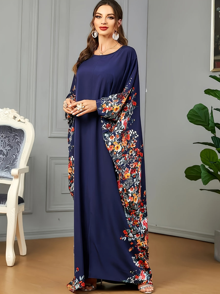 Eid & Ramadan Modest Maxi Dress - Middle Eastern-Inspired Batwing Sleeves, Loose Fit Floral Print, Machine Washable All-Season Comfort for Women, Cultural Attire, Middle Eastern Style, Comfortable Fashion - Navy Color