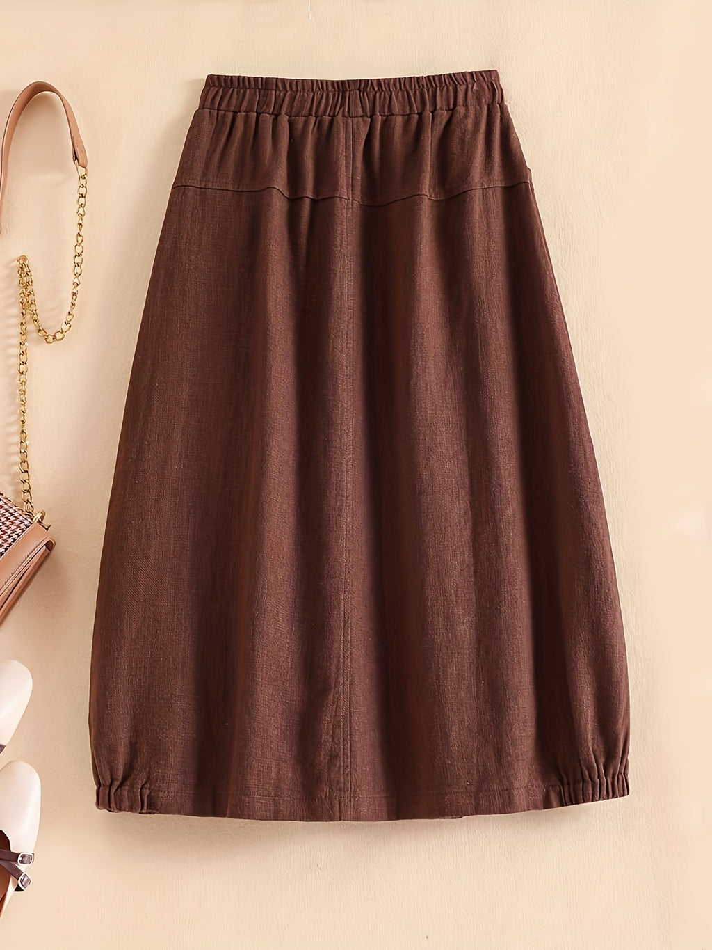 New Spring Summer Autumn Thin Korean Style Linen Loose Half Skirt with Pockets, Elastic Waist Linen Dress, Mid-Length Lantern Hem Women'S Skirt - Coffee Brown