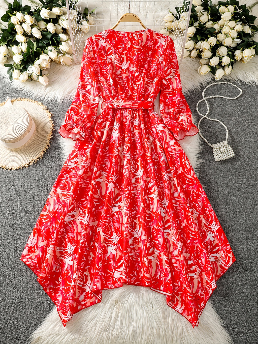 New Style Red Printed Dress for Women, Summer Tie-Waist Flowy Asymmetrical Bridesmaid Dress - Red