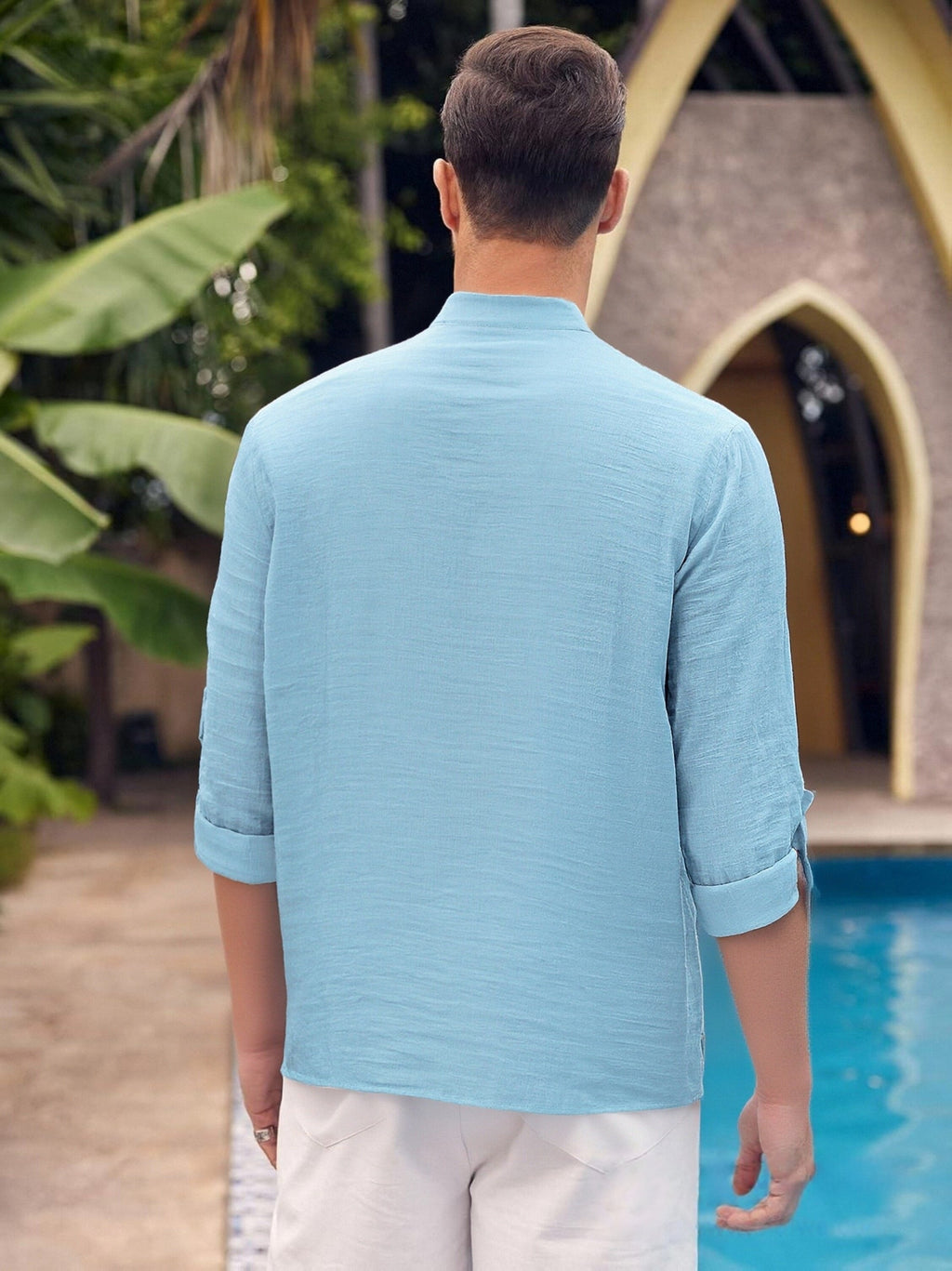 Men'S Fashion New Spring And Autumn Tops Featuring a Stand Collar Henley Shirt, with a Half-Open Single Row of Buttons, Perfect for Outdoor Beach Wear - Sky Blue