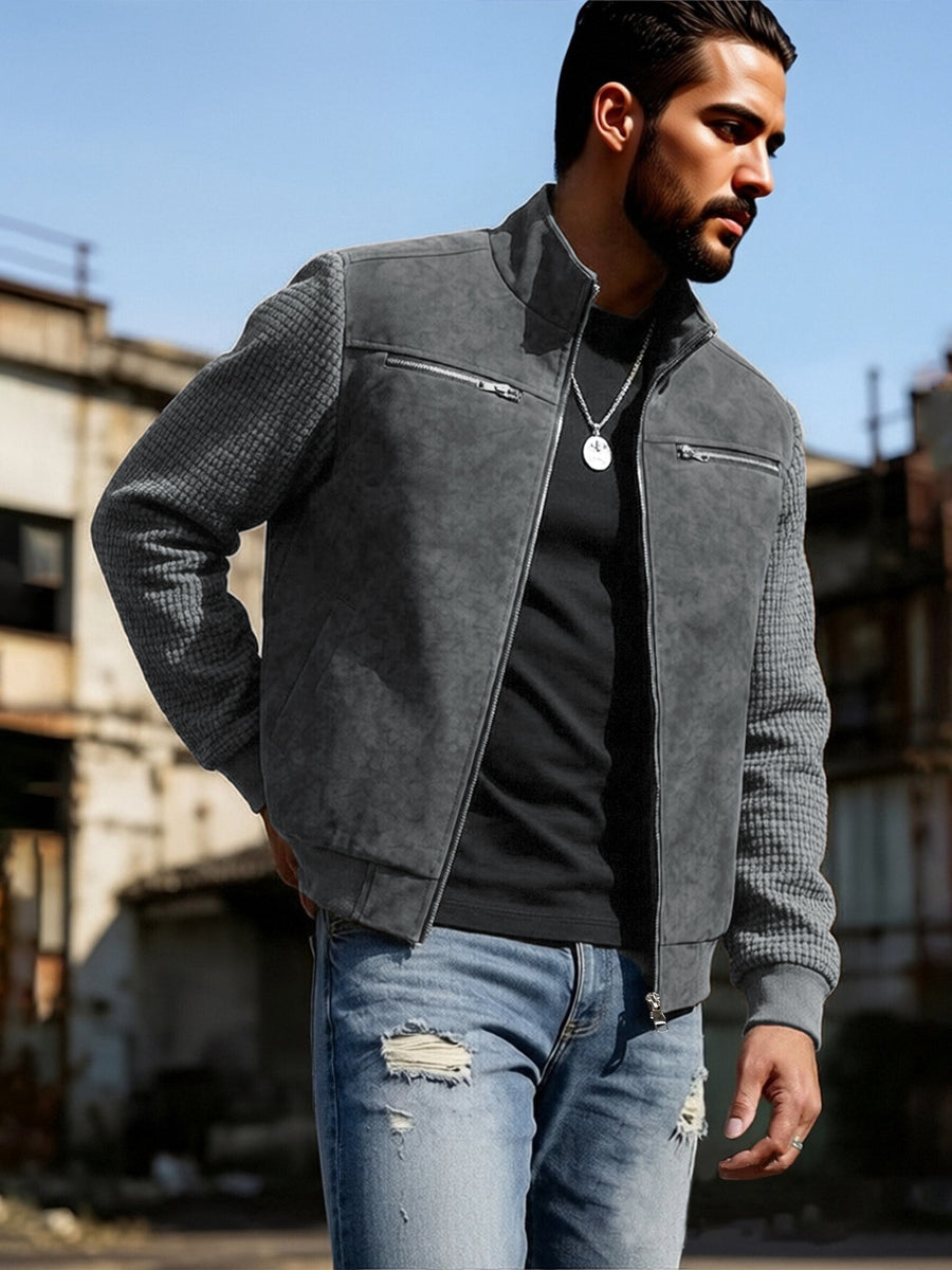 EXARUS Men's American-Style Stand Collar -Like Patchwork Jacket, Spring/Autumn Outerwear, Waffle Long Sleeve Color-Block Casual Top, European/American Outdoor Workwear Style Zipper Jacket. Features a -like Textured Body with Textured Sleeves - Grey
