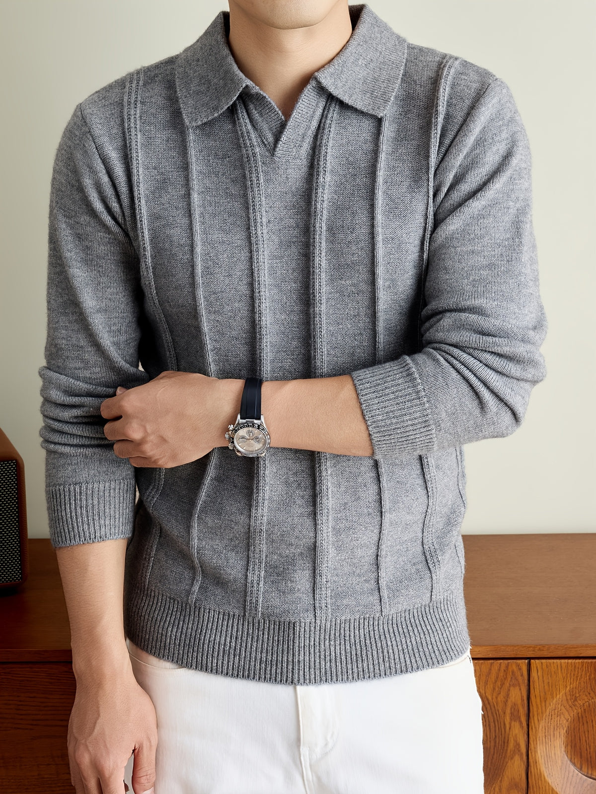 Men's Fall Winter V-Neck Buttonless Collar Knit Polo Sweater, Vertical Ribbed Long Sleeve Pullover with Ribbed Trim, Casual Top - Light Grey