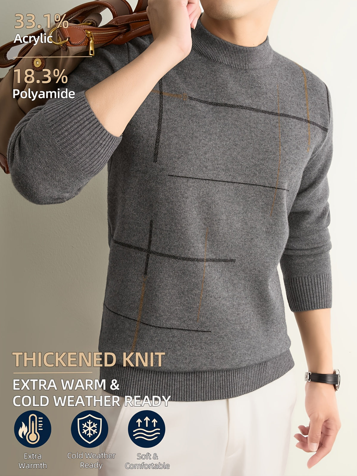 Men's Fall Winter Knit Pullover Sweater with Classic Stripes. Thick, Warm and Comfortable in a Timeless Old-money Style. Perfect for Commuting, Casual Wear, Sports, Hiking, Camping and Fishing. A Great Gift for Fathers and Husbands. - Camel