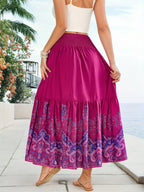 Flower Print Gathered Maxi Skirt - Rose Red