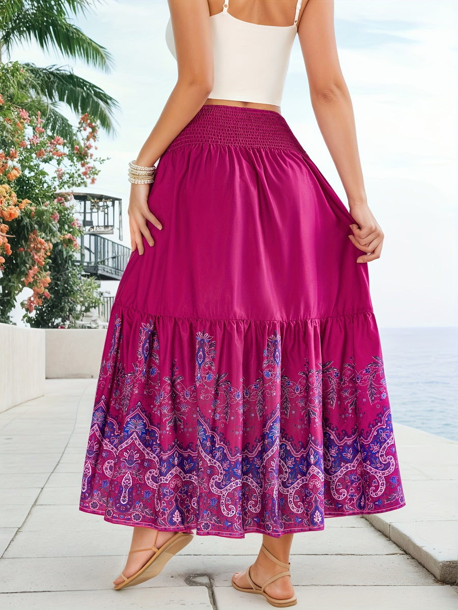 Flower Print Gathered Maxi Skirt - Rose Red