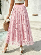 Women'S Elegant Spring Summer Embroidered Mesh Floral Appliqué A-Line Vacation Dress, Suitable for Vacation, Dating, Parties, Commuting And Other Occasions - Pink
