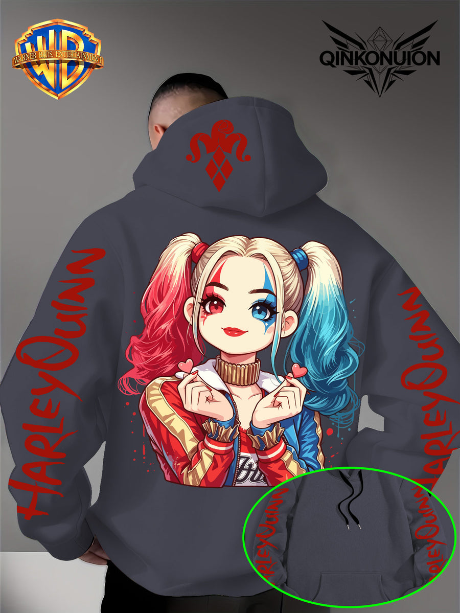 Warner Official Men'S Hoodie, Q-Version Quinn Red Blue Double Ponytail Cute Print Design, Machine Washable, Warm And Casual for Autumn And Winter, Daily Drawstring Hoodie, Multifunctional Sports And Casual Loose Fit - Dark Gray